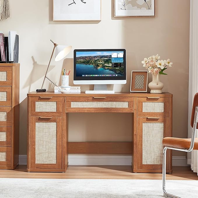LEYAOYAO Office Desk 56" with 5 Drawers Storage File Cabinet Rattan Wood Desk for Computer Office Bedroom Home Furniture Brown