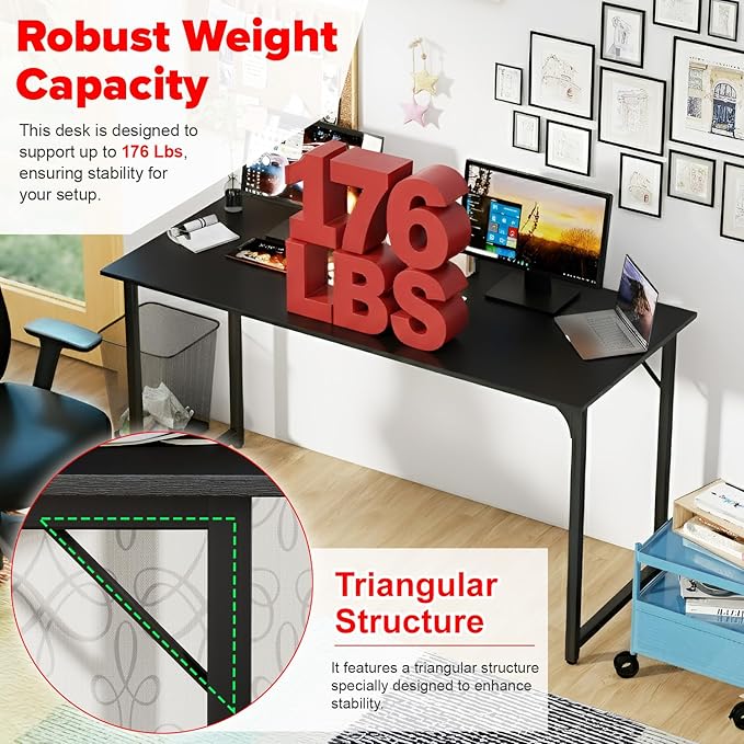 PayLessHere | 55 Inch Computer Desk | Black | Office Desk with Metal Frame, Adjustable Feet | Water-Resistant, Scratchproof Surface | Sturdy Writing Table for Home Office or Study | Pack of 1