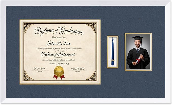 Diploma Tassel and Photo Frame Bright White Shadowbox Navy Blue Over Gold Mat - Fits 15 x 12 Degree Picture Made in the USA