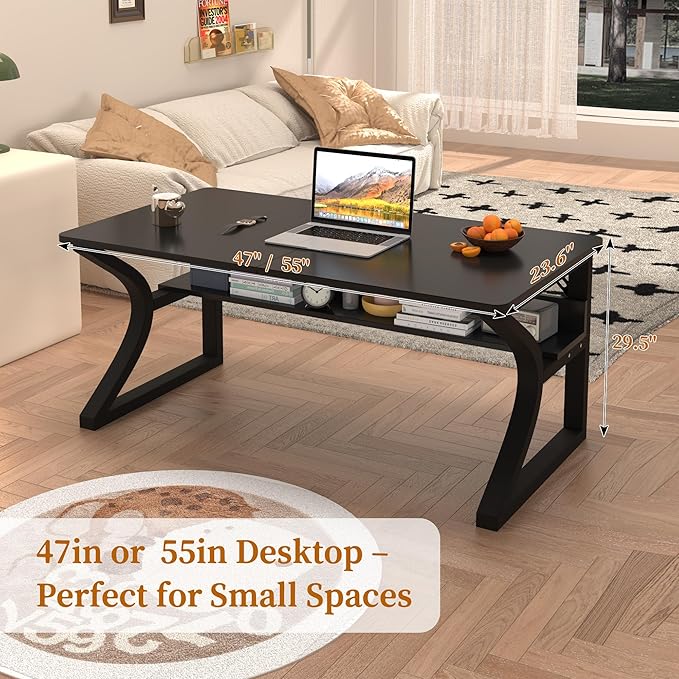 AZN Computer Desk, Computer Desk 55in, Office Desk w/Metal Frame & Storage, Office Desk for Study Writing Work Game, Home Office Desk Computer Desks w/Waterproof & Scratch-Resistant Surface, Black
