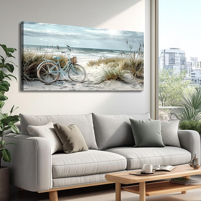FUHAIHUA Wall Art For Living Room Canvas Decor For Bedroom Modern Office Decorations Blue Beach Bicycle Seascape Paintings Ocean Landscape Pictures Artwork Ready To Hang Home Decor