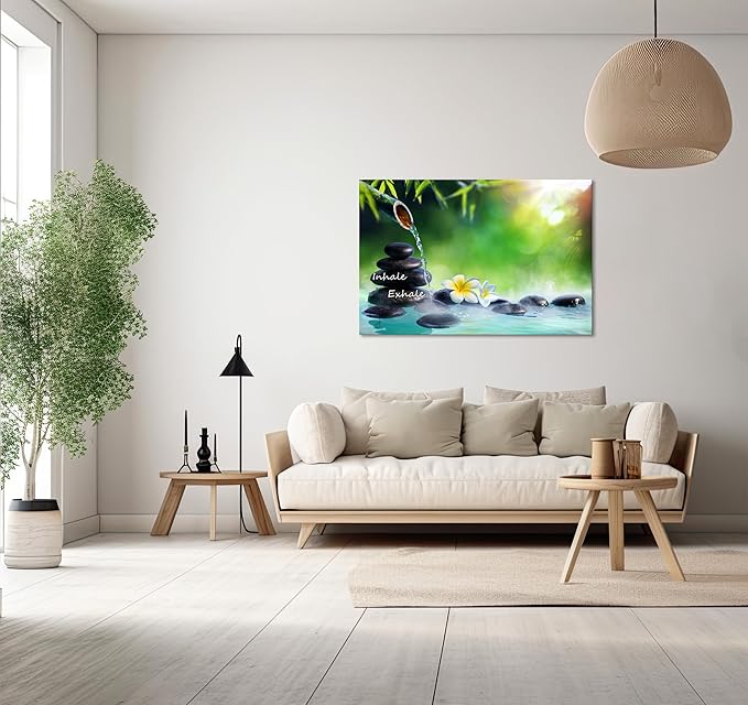 YIOZHAOFH Spa Canvas Print Art Nature Zen Painting Relaxing Bathroom Wall Art Decor White Lotus Pictures Framed Artwork Inhale Exhale Poster Office Decor for Spa Room Bedroom (28L x 44W)