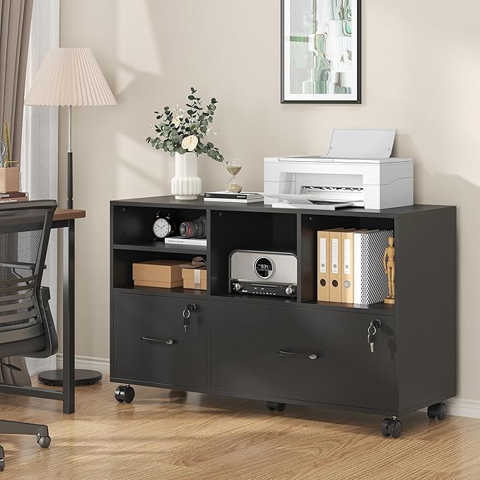 2 Drawer Wood Mobile Large Lateral File Cabinet, Lockable Rolling Filing Cabinet with Storage Shelves, Printer Stand Office Storage Cabinet for Home Office Fits Files Legal/A4, Black