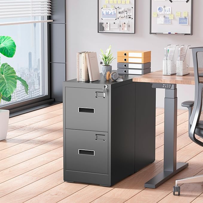 Pataku 2 Drawer File Cabinet with Lock, Sturdy Metal Vertical Filing Cabinets for Home Office, Under Desk Paperwork Storage Fully Extendable Slides Letter Legal A4 Size 18x15x28 Inches, Black