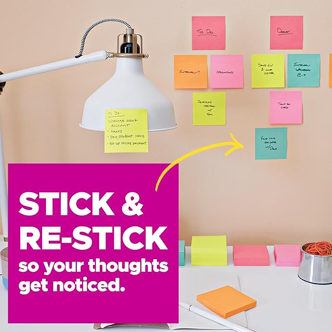 Post-it Super Sticky Notes, 15 Sticky Note Pads, 3 x 3 in, School Supplies, Office Products, Notes for Vertical Surfaces, Monitors, Walls and Windows, Assorted Colors