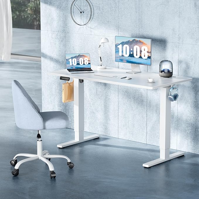 DUMOS 48 Inch Electric Standing Desk Height Adjustable, Sit to Stand Up Computer Workstations Work PC Table Home Office Study Writing Gaming Desks with Memory Presets for Walking Pad, Bedroom, White