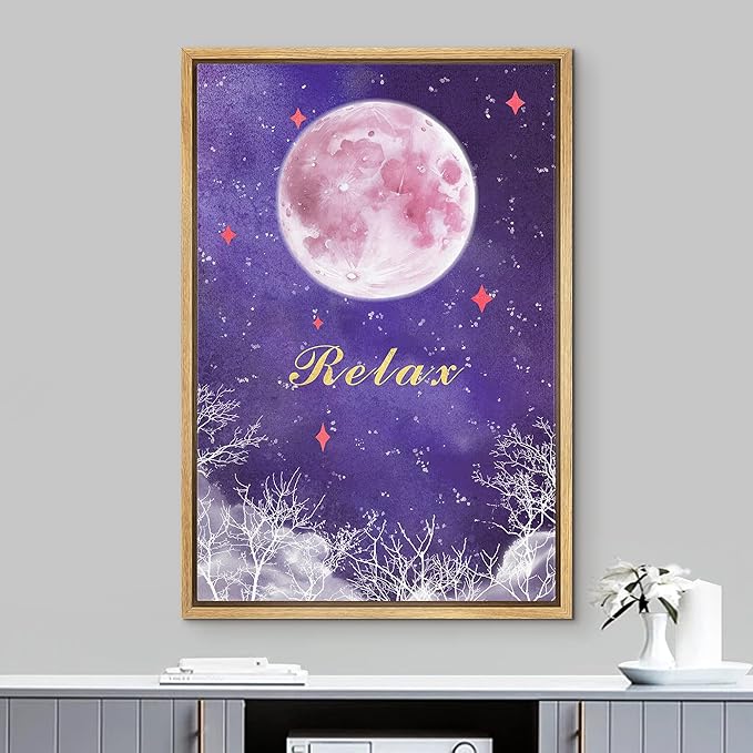 IDEA4WALL Framed Canvas Print Wall Art Tranquil Watercolor Galaxy with Pink Moon Astronomy & Space Sky Illustrations Modern Art Glam Colorful Ultra for Living Room, Bedroom, Office - 16"x24" NATURAL
