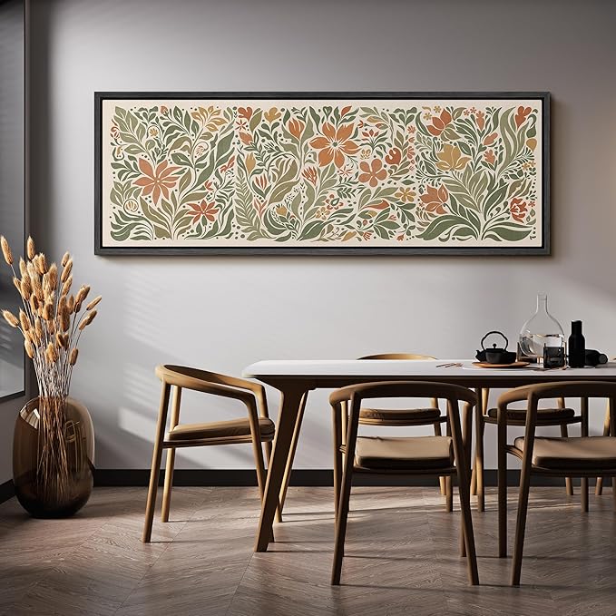SIGNFORD Large Framed Canvas Folk Floral Garden in Earth Tones Illustrations Modern Art Calm Warm for Living Room, Bedroom, Office - 60"x20"