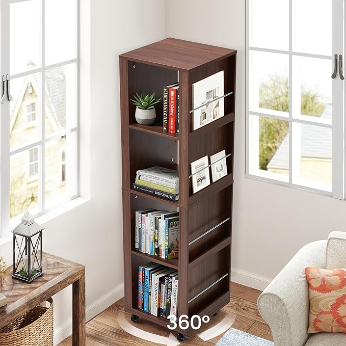 JOMEED Rotating Bookshelf Tower with Wheels, 4-Tier Corner Bookshelf with Pegboard, 360° Spinning Book Shelf Tower with Magazine Rack, Tall Bookcase, Narrow Bookcase