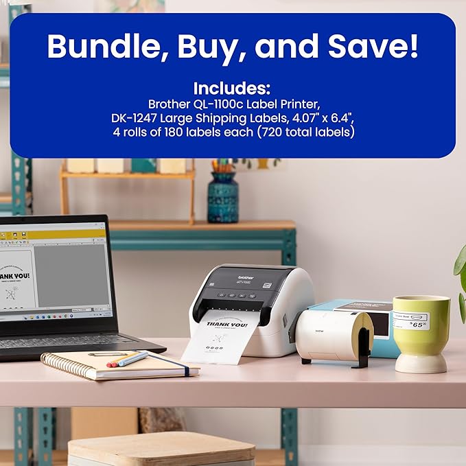 Brother QL-1100c Bundle, Wide Format Label Printer, Prints Postage Labels, Barcode & QR Code, USB Connectivity, Plus 4 Rolls of Genuine DK Label Tapes DK-1247 4.07” x 6.4” Die-Cut Shipping Labels