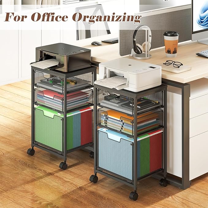 Rolling File Cart with 3 Drawers, Metal Mobile Filing Cabinet for Home Office, Hanging Folder Holder with Printer Stand, Utility Cart Under Desk Storage Organizer with Wheels, Black