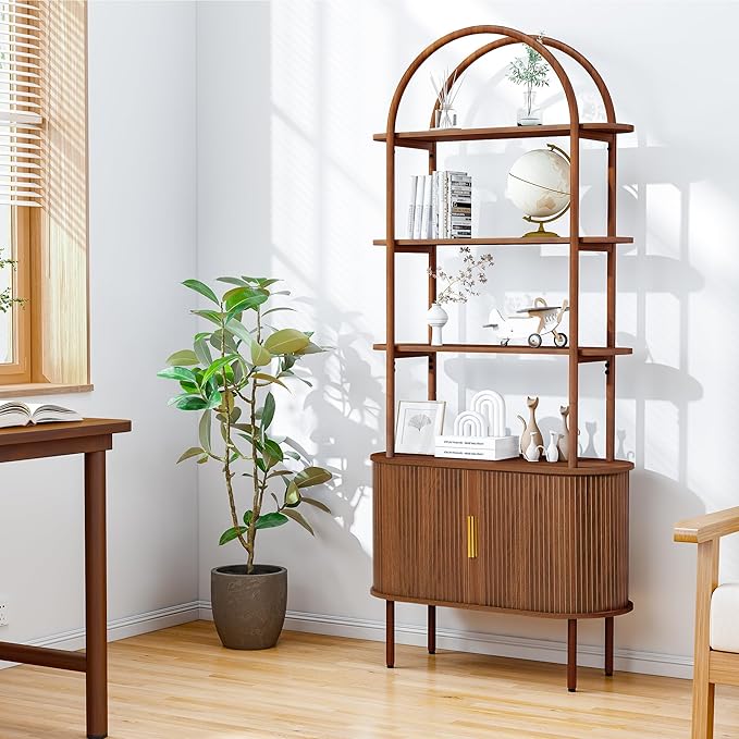 Turtle&Myrtle Tall Arched Bookshelf, Mid Century Modern Fluted Bookcase Cabinet with Sliding Doors, Curved Metal Frame Bookcase, Industrial Storage Display Shelving for Living Room, Bedroom (Walnut)