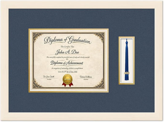 Diploma Frame with Tassel Holder Coastal Whitewash Shadowbox Navy Blue Over Gold Mat - Fits 10 x 8 Degree Made in the USA