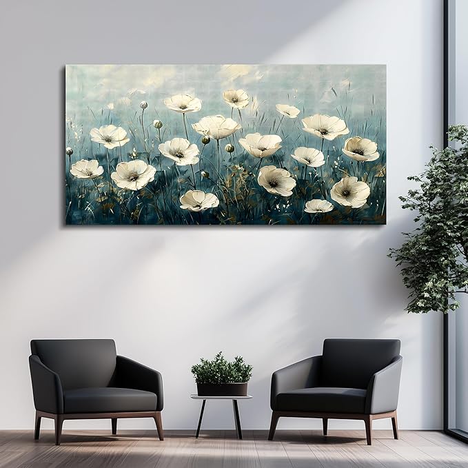 FUHAIHUA Canvas Wall Decor For Bedroom Wall Art For Living Room Office Decorations White Flowers Landscape Painting Modern Wall Pictures Artwork Farmhouse Posters Ready To Hang Home Decor 20x40 In