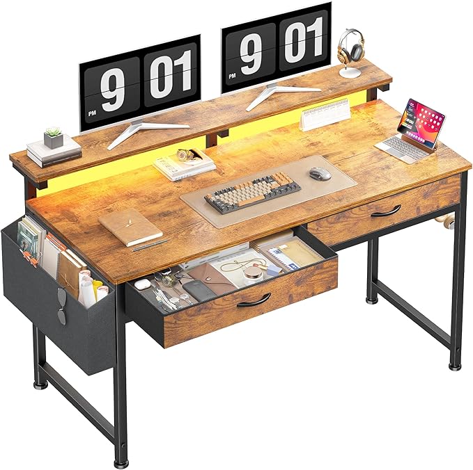 47.3Inch Office Computer Desk with LED Lights & 2 Fabric Drawers, Gaming Desk with Side Pocket & Ergonomic Monitor Stand, Small Space Study Writing Table with Anti-Tip Design, Rustic Brown