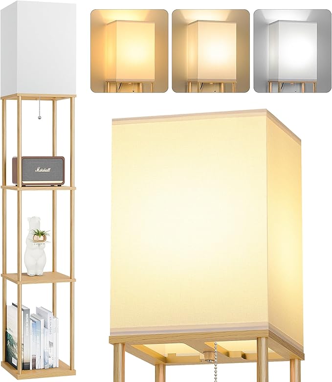 FOLKSMATE Floor Lamp with Shelves, 3-Tier Modern Square Bookshelf Floor Lamp, 3 Color Temperature Bulb Included, Floor Lamps for Living Room Bedroom Corner - Wood
