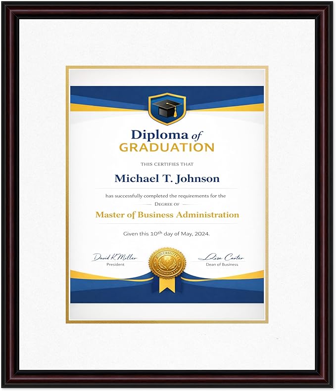 Diploma Frame Executive Brown with Oyster Shell Over Gold Double Mat - Fits 11 x 14 College Diploma (Portrait) Wall Display Made in the USA
