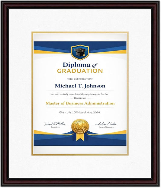 Diploma Frame Executive Brown with Oyster Shell Over Gold Double Mat - Fits 11 x 14 College Diploma (Portrait) Wall Display Made in the USA