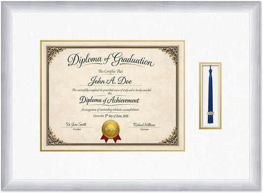 Diploma Frame with Tassel Holder 23.25 x 17 Stainless Silver Shadowbox Oyster Shell Over Gold Mat - Fits 13 x 10 Degree Made in the USA