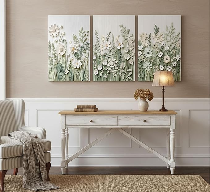 3 Pcs Sage Green Wildflowers Canvas Wall Art Neutral Minimalist Abstract Boho Floral Botanical Painting Pictures Wall Decor Poster Print Artwork for Living Room Bedroom Home Decoration
