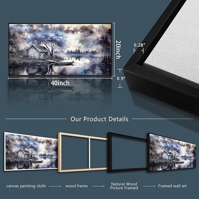 ERQINHUA Wall Art For Living Room Canvas Wall Decor For Bedroom Office Decoration Blue Tree Lakeside Landscape Painting Art Print Modern Beach Posters Ready To Hang Home Decor Black Frame 20"x40"