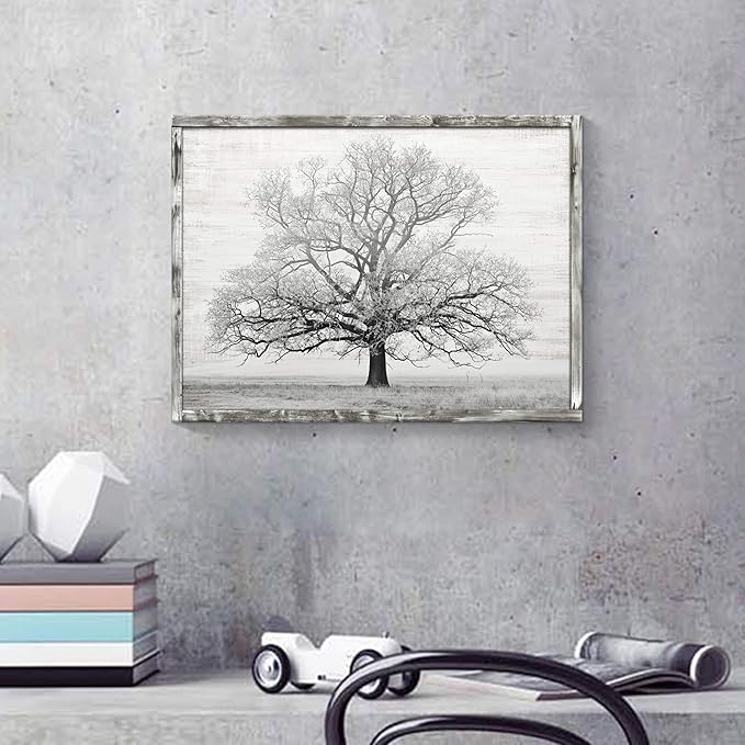 Wooden Winter Tree Wall Art: Farmhouse Foggy Landscape Picture Painting Print on Natural Wood with Handcrafted Rustic Wooden Framed Artwork (16” x 12”)