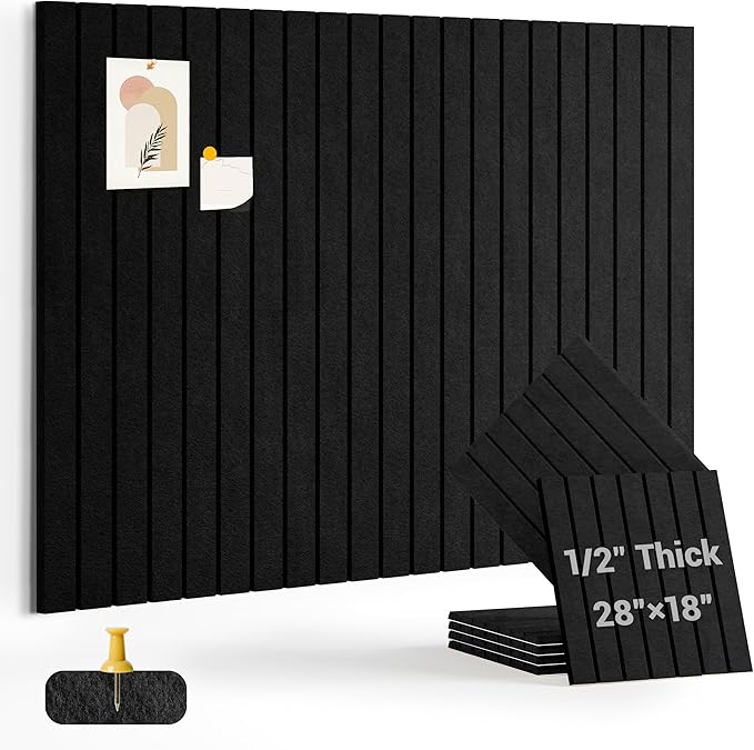 1/2" Thick Cork Board for Office, 6 Pack Felt Wall Tiles -28"x18" with Safe Adhesive Tabs, Large Bulletin Board, Push Pin Board Organizer Wall - Black
