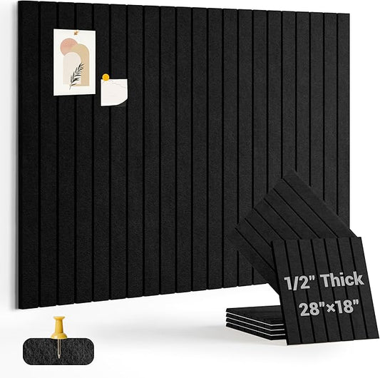 1/2" Thick Cork Board for Office, 6 Pack Felt Wall Tiles -28"x18" with Safe Adhesive Tabs, Large Bulletin Board, Push Pin Board Organizer Wall - Black