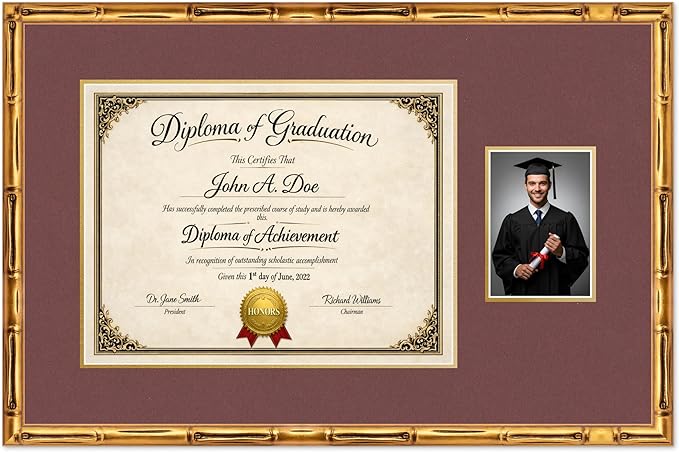 Diploma Frame With Photo Opening Gold Bamboo Dark Red Over Gold Mat - Fits 17 x 13 Degree and Picture Made in the USA