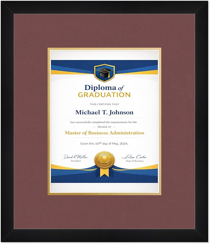 Diploma Frame Matte Black With Dark Red Over Gold Double Mat - Fits 8.5 x 11 Certificate (Portrait) Wall Display Made in the USA