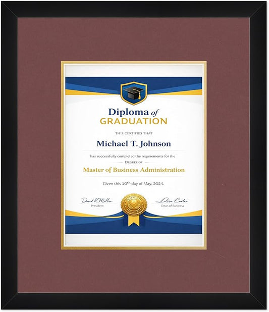 Diploma Frame Matte Black With Dark Red Over Gold Double Mat - Fits 8.5 x 11 Certificate (Portrait) Wall Display Made in the USA
