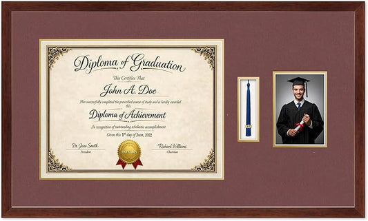 Diploma Tassel and Photo Frame Rustic Walnut Shadowbox Dark Red Over Gold Mat - Fits 17 x 13 Degree Picture Made in the USA