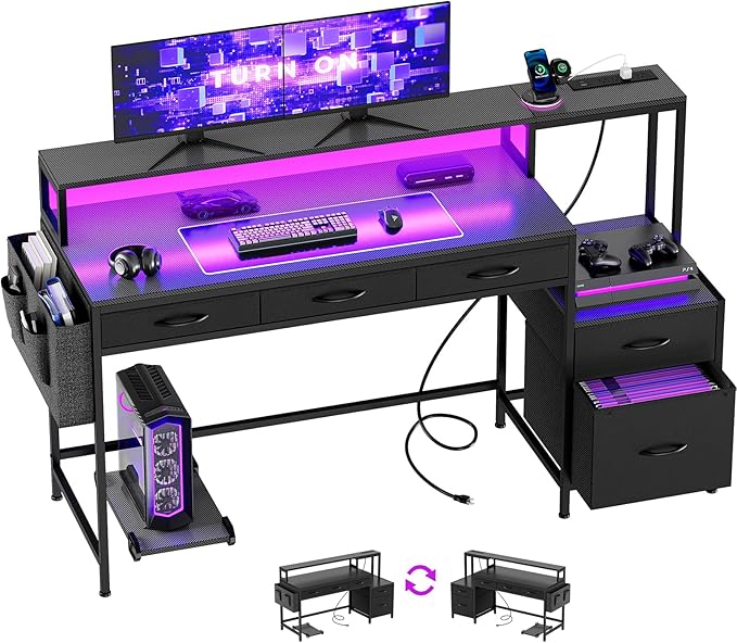 REAHOME 61 Inch Gaming Desk with Charging Station and LED Lights, Reversible Computer Desk with Storage Drawer and Monitor Stand, Modern Desk Table with File Cabinet & Side Pocket, Carbon Fiber Black