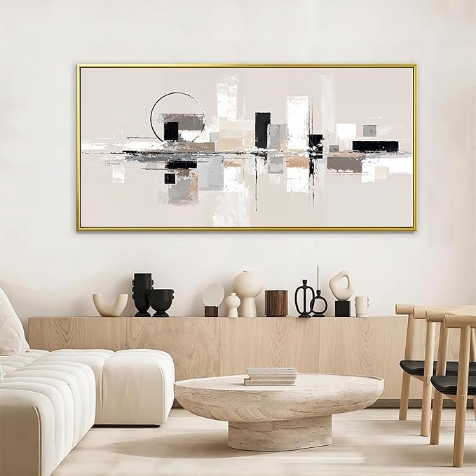 QSQ Large Gold Framed Wall Art For Living Room Painting Black White Wall Art Prints Minimalist Grey Brown Abstract Art Modern Canvas Art Wall Decor Picture For Bedroom Office Home Decor 29" × 58"