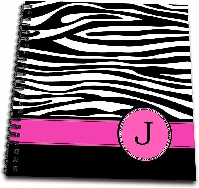 3dRose Letter J Monogrammed Black and White Zebra Stripes Animal Print with Hot Pink Personalized Initial-Drawing Book, 8 by 8" (db_154281_1)