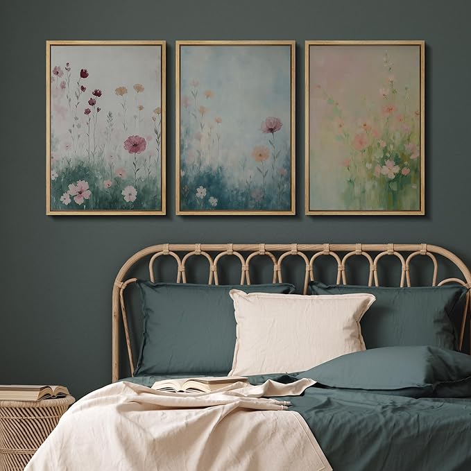 SIGNFORD Framed Wall Art Print Set Pastel Wildflower Meadow Soft Botanical Digital Art Modern Art Contemporary for Living Room, Bedroom, Office - 24"x36"x3 NATURAL