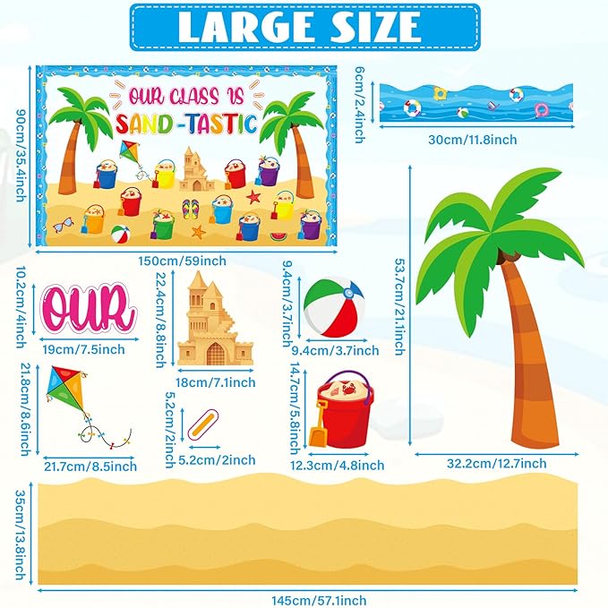 Summer Bulletin Board Decorations Set Our Class is Sand-Tastic Classroom Decor Bucket Hawaii Beach Theme Party Paper Cutouts for Back to School Office Teacher Chalkboard Wall Supplies Favor