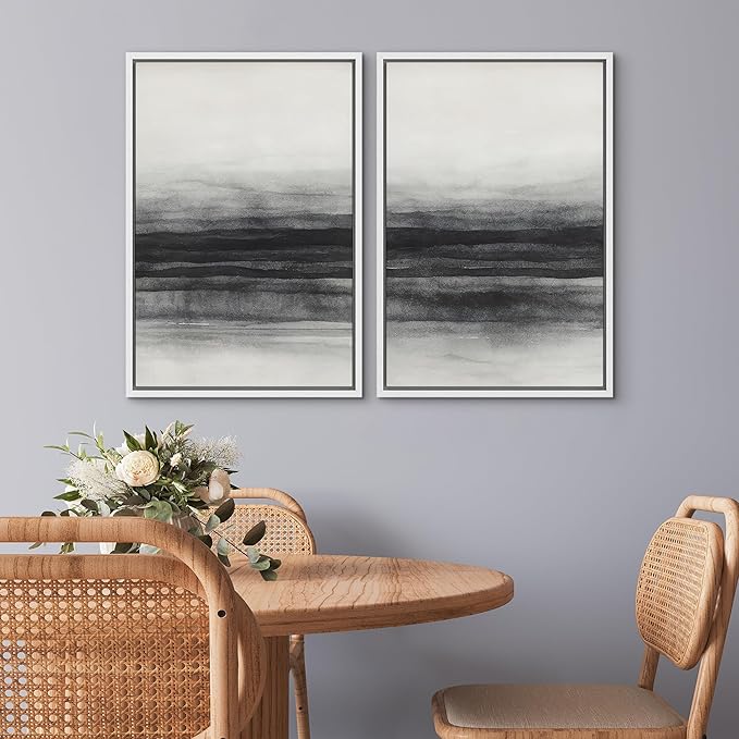 SIGNWIN Framed Canvas Print Wall Art Set Black and Gray Abstract Horizon Modern Minimalist Neutral Illustrations Modern Art Decorative Multicolor for Living Room, Bedroom, Office - 24"x36"x2 White