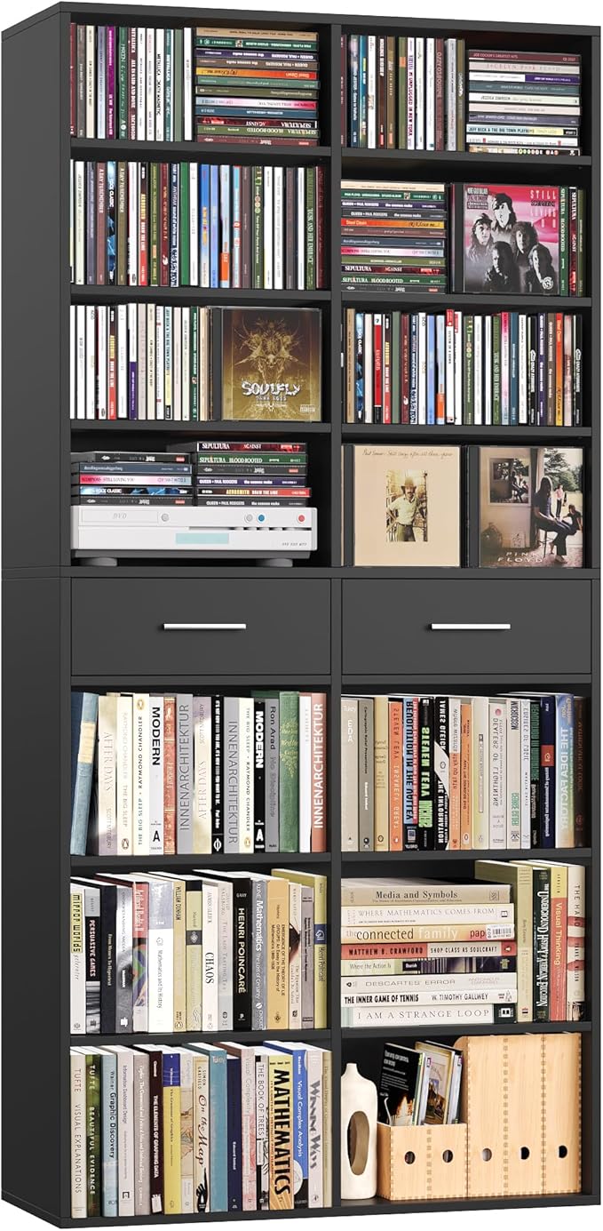 HOSTACK 73" Tall Bookshelf with Drawers, 7-Tier Black Bookshelf with Storage, Double Wide Bookcase with 14 Open Book Shelves, Wood Book Case with Adjustable Shelves for Media CD DVD Storage, Black