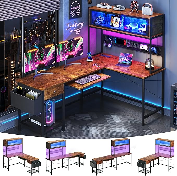 L Shaped Gaming Desk with Power Outlets & LED Lights, 49'' Reversible Computer Desk with Hutch & Pegboard & Display Cabinet, Corner Home Office Desk with Drawer & Keyboard Tray & Storage Bag, Rustic