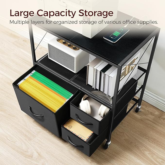 File Cabinet with Charging Station, 3 Drawer Lateral Filing Cabinet for Home Office, Mobile Printer Stand with Open Shelf, Fits A4/Letter Size File, Nonwovens Drawer, Black FCHB98E01