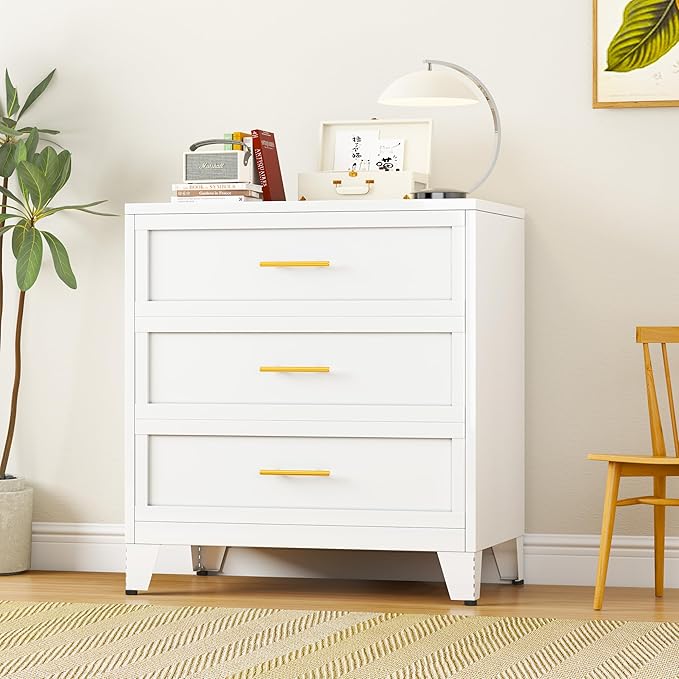 3 Drawers Dresser for Bedroom, Metal Closet Drawer Dresser Chest Organizer, Drawer Cabinet for Home Office Collection and Storage Small Size Files (White)