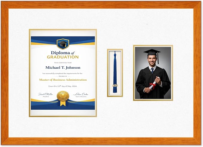 Diploma Tassel and Photo Frame Honey Oak Shadowbox Oyster Shell Over Gold Mat - Fits 8.5 x 11 Degree Picture Made in the USA