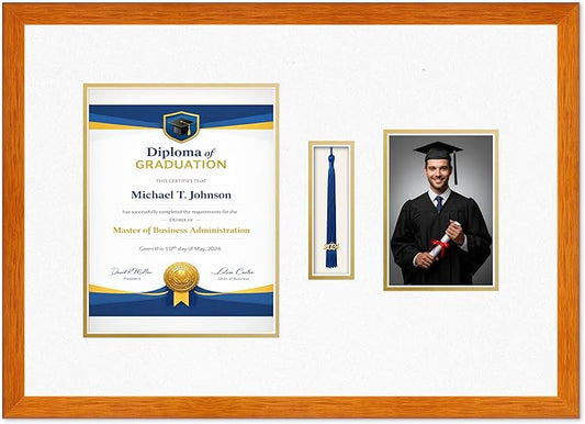 Diploma Tassel and Photo Frame Honey Oak Shadowbox Oyster Shell Over Gold Mat - Fits 8.5 x 11 Degree Picture Made in the USA