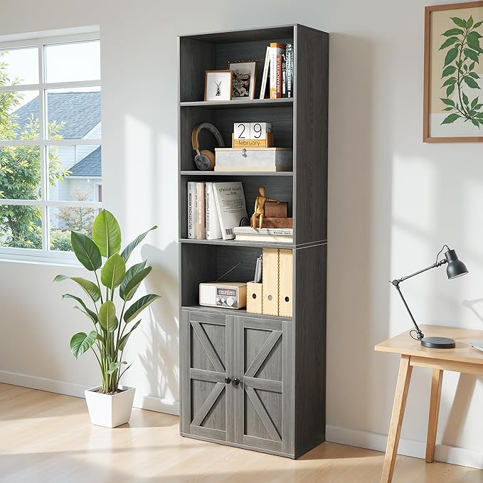 YESHOMY 6 Tier Bookcase and Bookshelf, Tall Book Shelf with Doors & Adjustable Shelves, Floor Display Storage Cabinet Home Decor for Living Room, Office, Grey