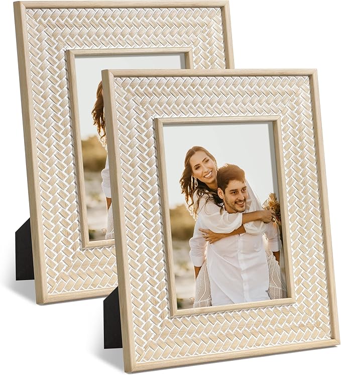 Afuly 5x7 Picture Frame Boho Picture Frames Nature Beige Bohemia Photo Frame for Office Bedroom Home Desk Wall Decor, Anniversary Wedding Gifts for Mom Grandma, Set of 2