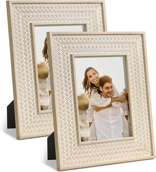 Afuly 5x7 Picture Frame Boho Picture Frames Nature Beige Bohemia Photo Frame for Office Bedroom Home Desk Wall Decor, Anniversary Wedding Gifts for Mom Grandma, Set of 2