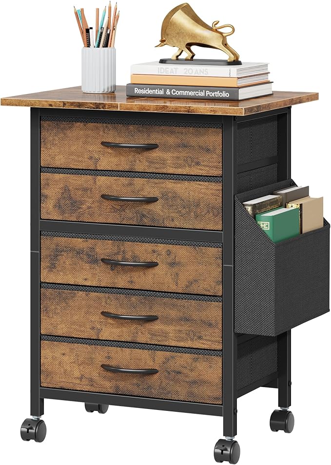 5 Fabric Drawers File Cabinet with Side Pocket, Rolling Printer Stand with Storage for Home Office, Wood Top Storage Cabinet for Documents and Crafts, Rustic Brown, 15" D