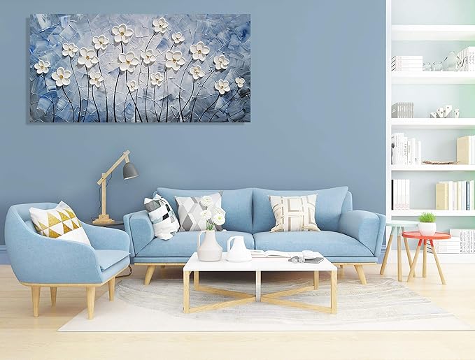 YHSKY ARTS Enchanting 3D Hand-Painted White Floral Wall Art, Textured Floral Masterpiece Brings a Touch of Elegance and Natural Beauty to Any Home Space