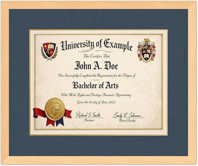 CountryArtHouse Diploma Frame Fits 17 x 13 International Diploma - Keepsake Graduation Display Natural Wood Genuine Hardwood with Navy Blue Over Metallic Gold Double mat